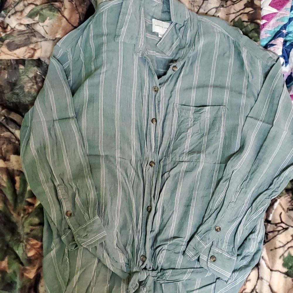 Green Button Down High-low Tie Top